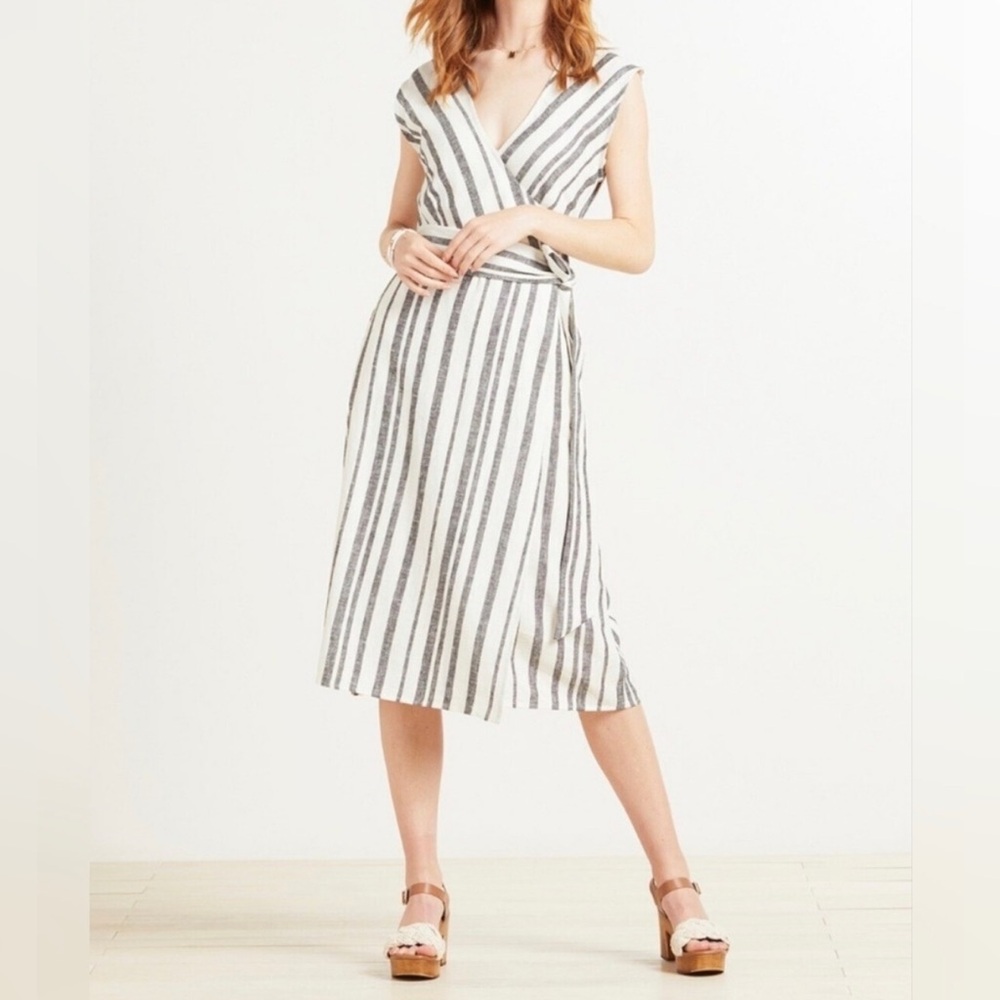 Evereve Clara Striped Linen Blend Wrap Midi Dress Black White Size XSmall